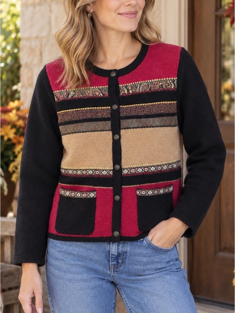 VTG Koret Petite 100% Wool Patchwork Cardigan Sweater Red Black Plaid Medium